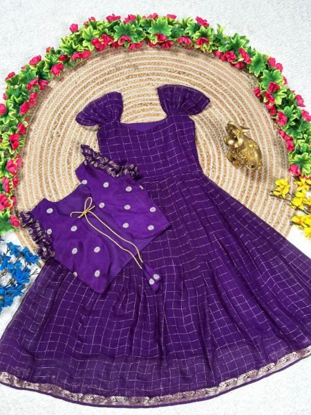 Plush Purple Koti Gown Set with Hand Dyed Design for Festive Wear Girls Wear