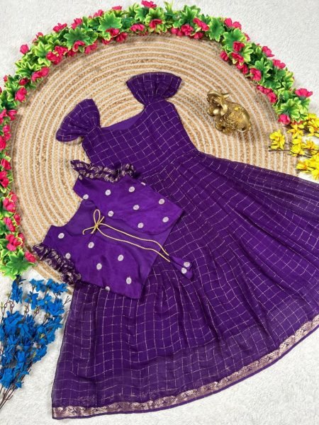 Plush Purple Koti Gown Set with Hand Dyed Design for Festive Wear Girls Wear