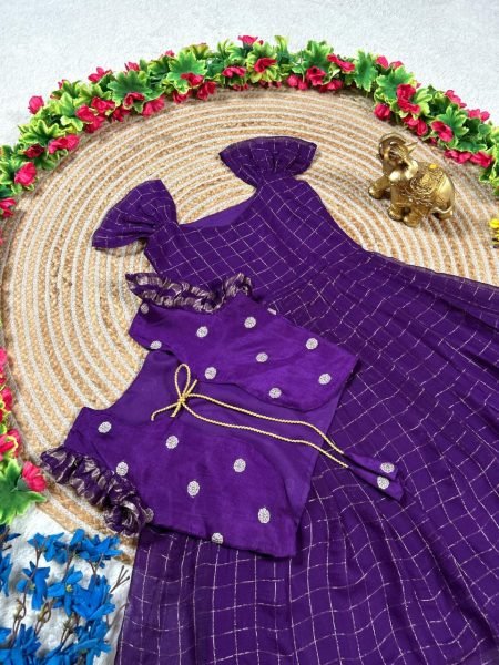 Plush Purple Koti Gown Set with Hand Dyed Design for Festive Wear Girls Wear