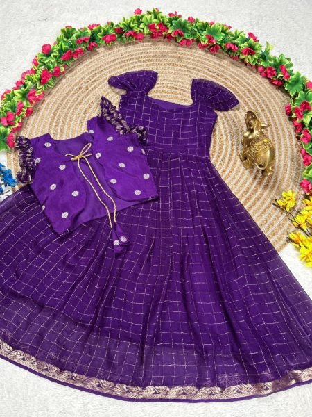 Plush Purple Koti Gown Set with Hand Dyed Design for Festive Wear Girls Wear