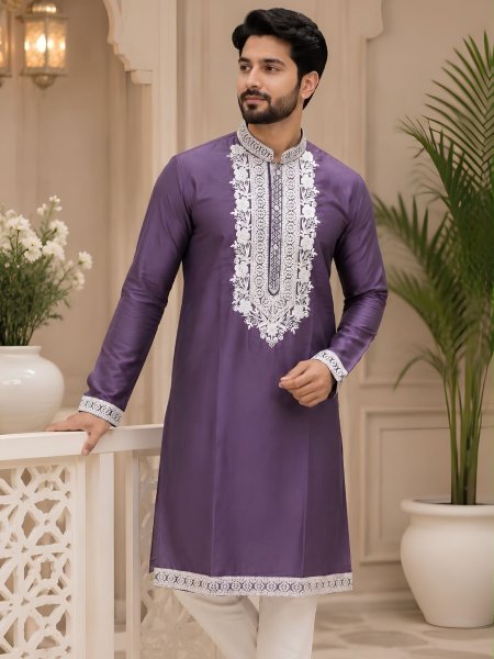 Plush Purple Men s Ethnic Kurta Pajama with Premium Neck Embroidery 