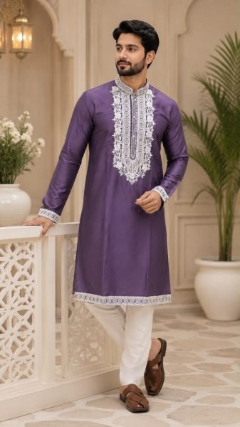 Plush Purple Men s Ethnic Kurta Pajama with Premium Neck Embroidery Kurta Pajama Wholesale