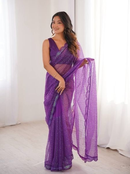 Plush Purple Soft Net Embroidery Saree With Benglori Silk Blouse For Wedding 