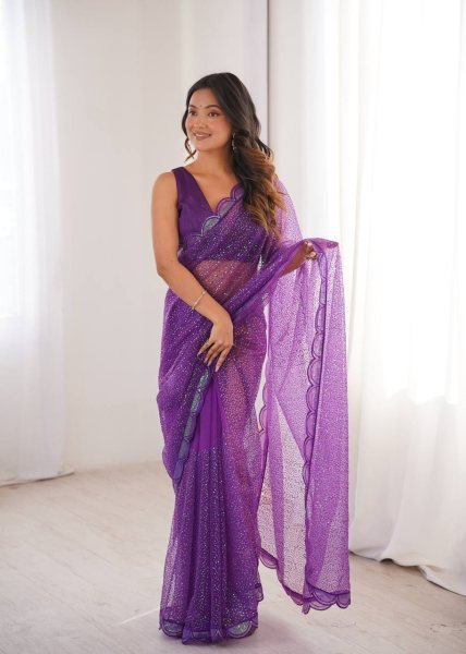 Plush Purple Soft Net Embroidery Saree With Benglori Silk Blouse For Wedding Net Sarees Wholesale