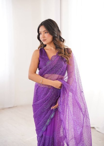 Plush Purple Soft Net Embroidery Saree With Benglori Silk Blouse For Wedding Net Sarees Wholesale