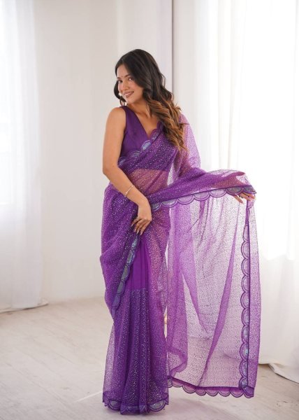 Plush Purple Soft Net Embroidery Saree With Benglori Silk Blouse For Wedding Net Sarees Wholesale