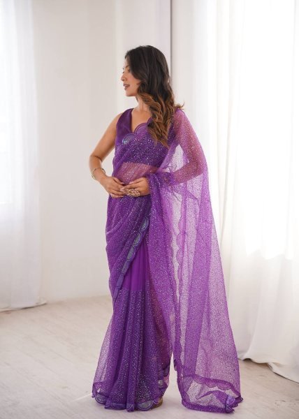 Plush Purple Soft Net Embroidery Saree With Benglori Silk Blouse For Wedding Net Sarees Wholesale