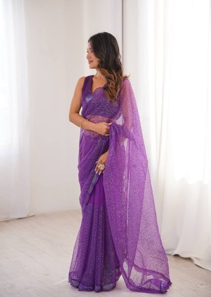 Plush Purple Soft Net Embroidery Saree With Benglori Silk Blouse For Wedding Net Sarees Wholesale