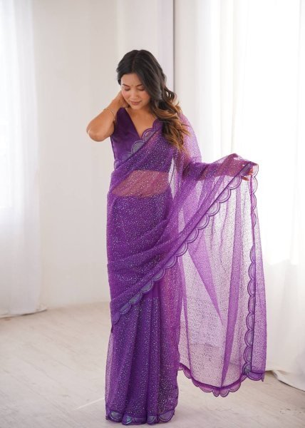 Plush Purple Soft Net Embroidery Saree With Benglori Silk Blouse For Wedding Net Sarees Wholesale