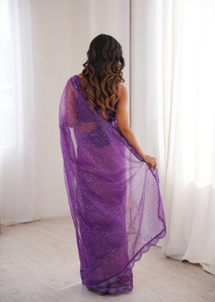 Plush Purple Soft Net Embroidery Saree With Benglori Silk Blouse For Wedding Net Sarees Wholesale