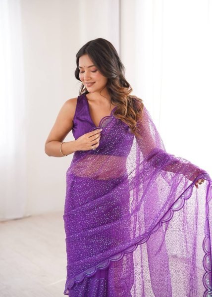 Plush Purple Soft Net Embroidery Saree With Benglori Silk Blouse For Wedding Net Sarees Wholesale