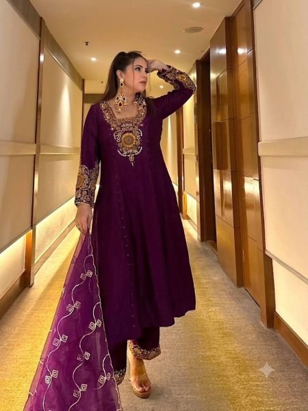 Plush Purple Vichitra Silk Anarkali Suit Set with Heavy Sequins and Zari Embroidery 