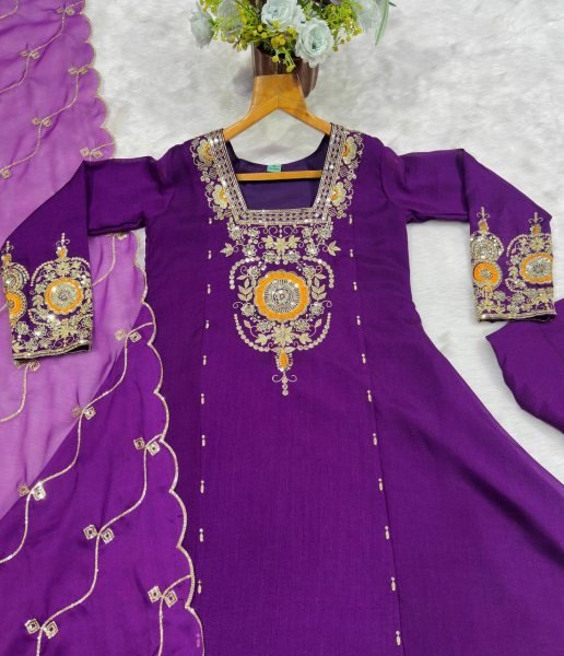 Plush Purple Vichitra Silk Anarkali Suit Set with Heavy Sequins and Zari Embroidery Ready To Wear Collection