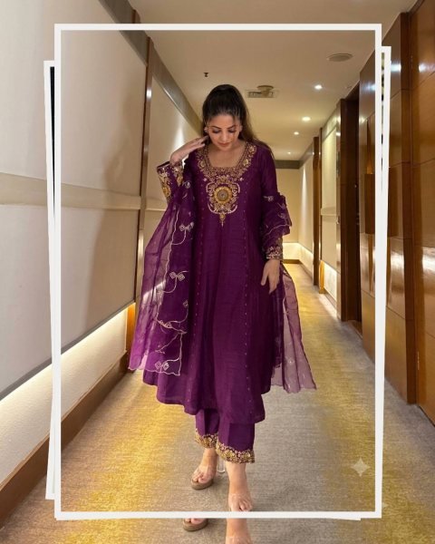 Plush Purple Vichitra Silk Anarkali Suit Set with Heavy Sequins and Zari Embroidery Ready To Wear Collection