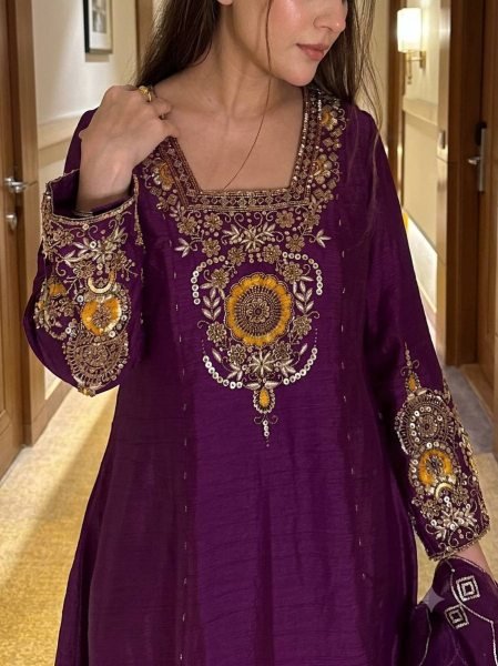 Plush Purple Vichitra Silk Anarkali Suit Set with Heavy Sequins and Zari Embroidery Ready To Wear Collection