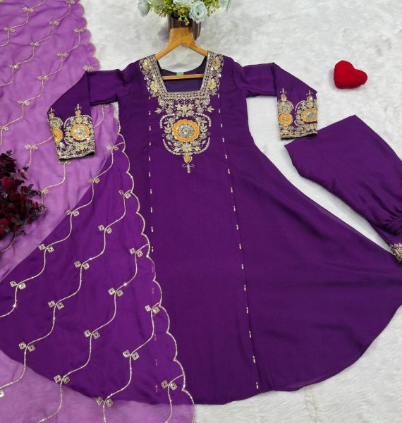 Plush Purple Vichitra Silk Anarkali Suit Set with Heavy Sequins and Zari Embroidery Ready To Wear Collection