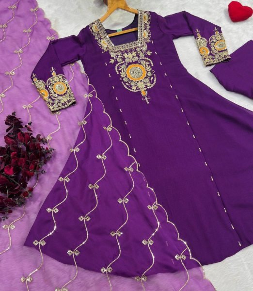 Plush Purple Vichitra Silk Anarkali Suit Set with Heavy Sequins and Zari Embroidery Ready To Wear Collection