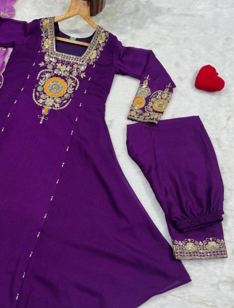 Plush Purple Vichitra Silk Anarkali Suit Set with Heavy Sequins and Zari Embroidery Ready To Wear Collection