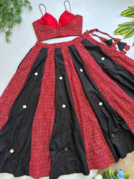 Plush Red Ajrakh Cotton Lehenga with Heavy Designer Blouse For Wholesale Rate Navratri Lehnega Choli