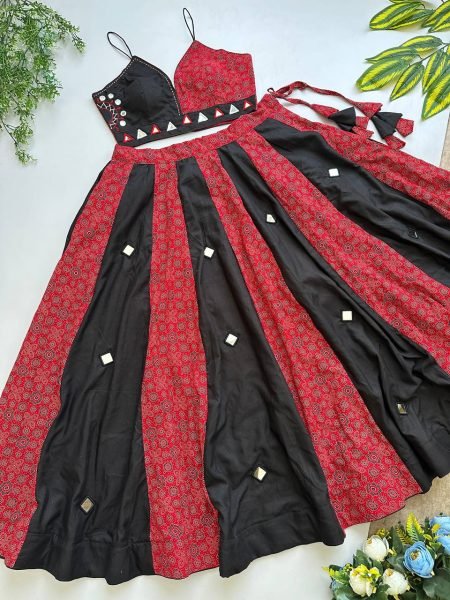 Plush Red Ajrakh Cotton Lehenga with Heavy Designer Blouse For Wholesale Rate Navratri Lehnega Choli