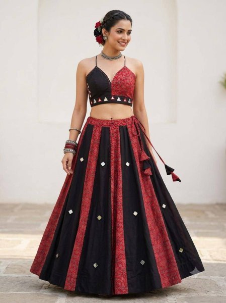 Plush Red Ajrakh Cotton Lehenga with Heavy Designer Blouse For Wholesale Rate Navratri Lehnega Choli