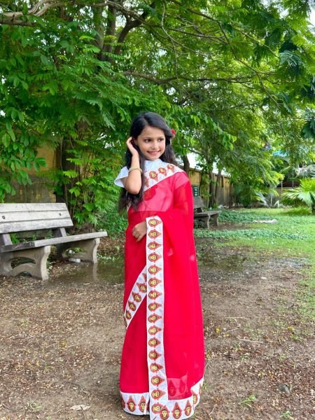Plush Red Premium Kids Ready to Wear Printed Saree with Dola Silk Blouse Girls Wear