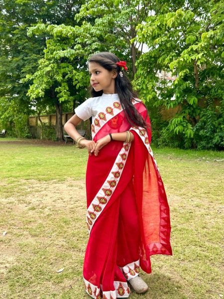 Plush Red Premium Kids Ready to Wear Printed Saree with Dola Silk Blouse Girls Wear