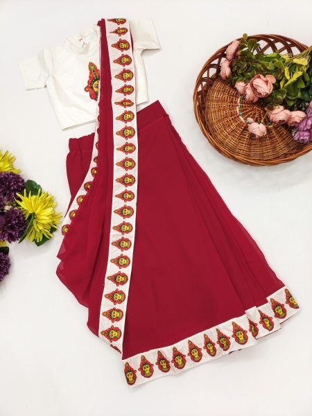 Plush Red Premium Kids Ready to Wear Printed Saree with Dola Silk Blouse Girls Wear