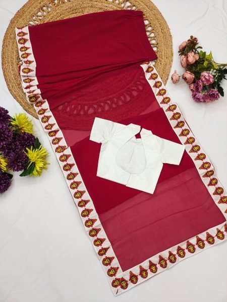 Plush Red Premium Kids Ready to Wear Printed Saree with Dola Silk Blouse Girls Wear