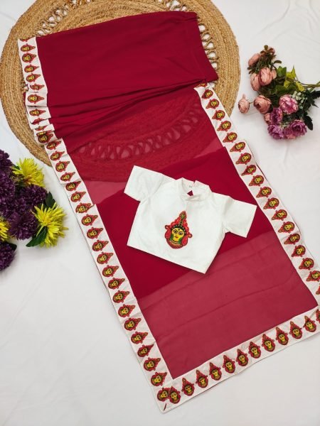 Plush Red Premium Kids Ready to Wear Printed Saree with Dola Silk Blouse Girls Wear