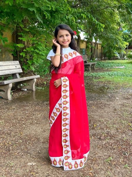 Plush Red Premium Kids Ready to Wear Printed Saree with Dola Silk Blouse Girls Wear