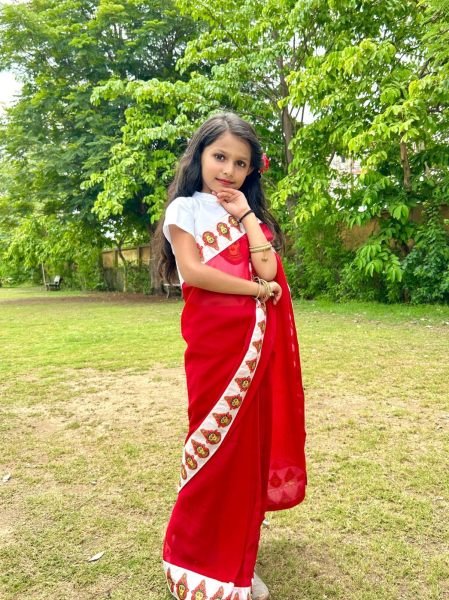 Plush Red Premium Kids Ready to Wear Printed Saree with Dola Silk Blouse Girls Wear