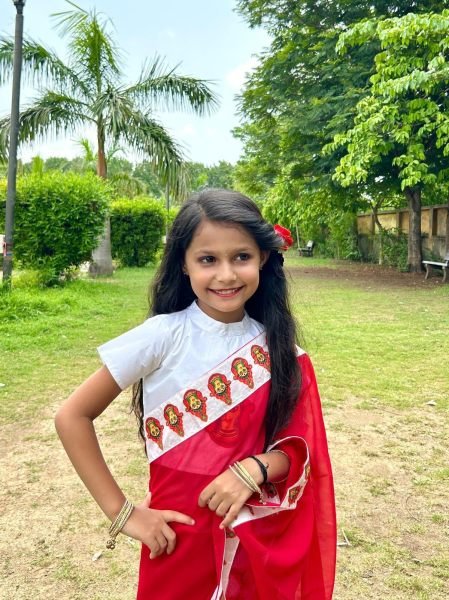 Plush Red Premium Kids Ready to Wear Printed Saree with Dola Silk Blouse Girls Wear