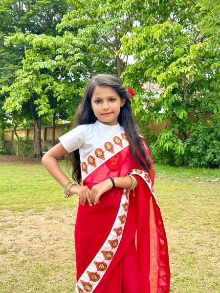 Plush Red Premium Kids Ready to Wear Printed Saree with Dola Silk Blouse Girls Wear