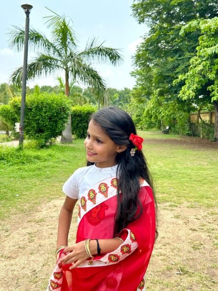 Plush Red Premium Kids Ready to Wear Printed Saree with Dola Silk Blouse Girls Wear