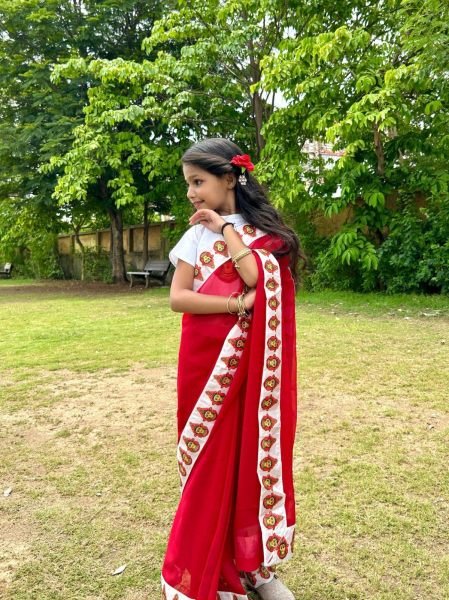 Plush Red Premium Kids Ready to Wear Printed Saree with Dola Silk Blouse Girls Wear