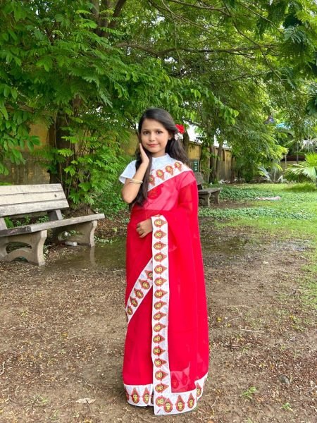Plush Red Premium Kids Ready to Wear Printed Saree with Dola Silk Blouse Girls Wear