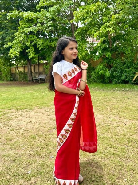 Plush Red Premium Kids Ready to Wear Printed Saree with Dola Silk Blouse Girls Wear
