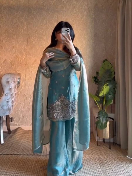 Plush Sky Blue Fendy Silk Embroidered Kurti Palazzo Set for Festive Wear Ready To Wear Suit