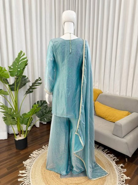 Plush Sky Blue Fendy Silk Embroidered Kurti Palazzo Set for Festive Wear Ready To Wear Collection