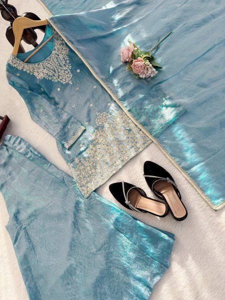 Plush Sky Blue Fendy Silk Embroidered Kurti Palazzo Set for Festive Wear Ready To Wear Collection