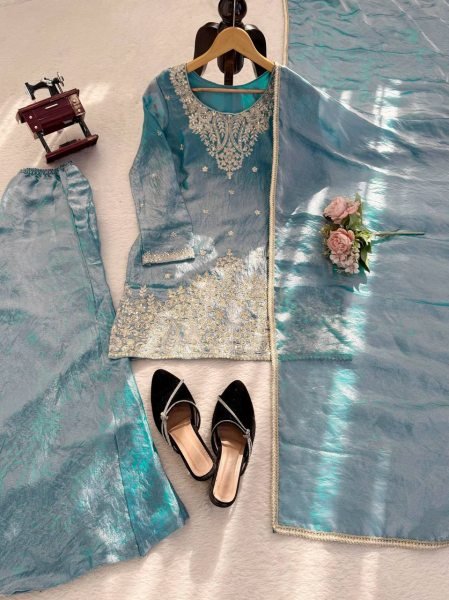 Plush Sky Blue Fendy Silk Embroidered Kurti Palazzo Set for Festive Wear Ready To Wear Collection