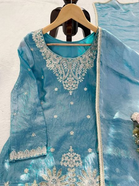 Plush Sky Blue Fendy Silk Embroidered Kurti Palazzo Set for Festive Wear Ready To Wear Collection
