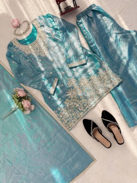 Plush Sky Blue Fendy Silk Embroidered Kurti Palazzo Set for Festive Wear Ready To Wear Collection