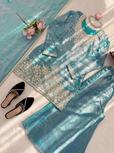 Plush Sky Blue Fendy Silk Embroidered Kurti Palazzo Set for Festive Wear Ready To Wear Collection