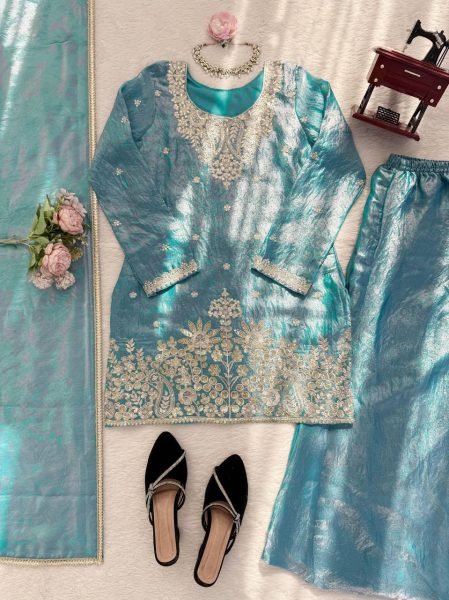 Plush Sky Blue Fendy Silk Embroidered Kurti Palazzo Set for Festive Wear Ready To Wear Collection