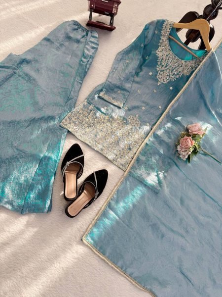 Plush Sky Blue Fendy Silk Embroidered Kurti Palazzo Set for Festive Wear Ready To Wear Collection