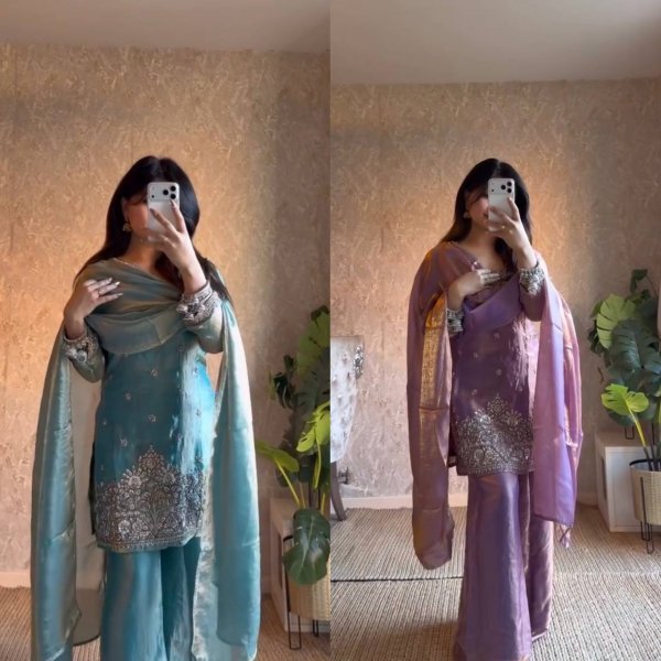 Plush Sky Blue Fendy Silk Embroidered Kurti Palazzo Set for Festive Wear Ready To Wear Collection