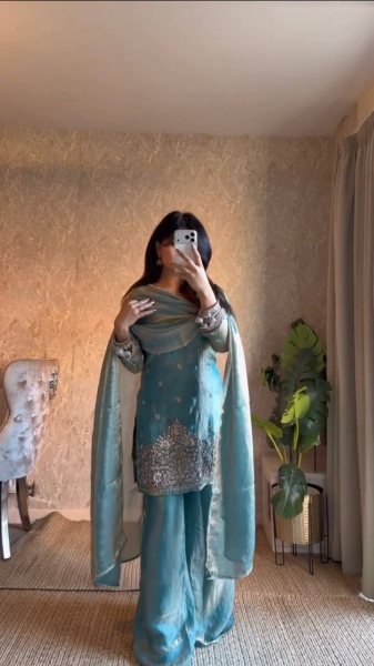 Plush Sky Blue Fendy Silk Embroidered Kurti Palazzo Set for Festive Wear Ready To Wear Collection