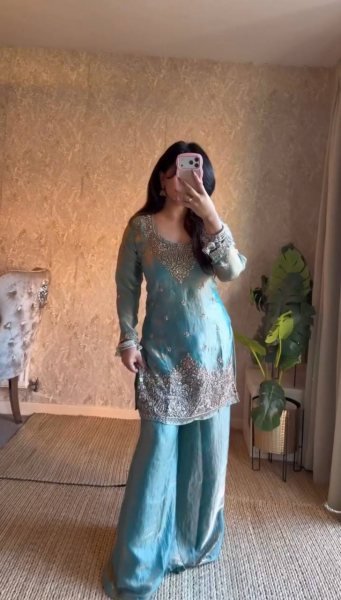 Plush Sky Blue Fendy Silk Embroidered Kurti Palazzo Set for Festive Wear Ready To Wear Collection